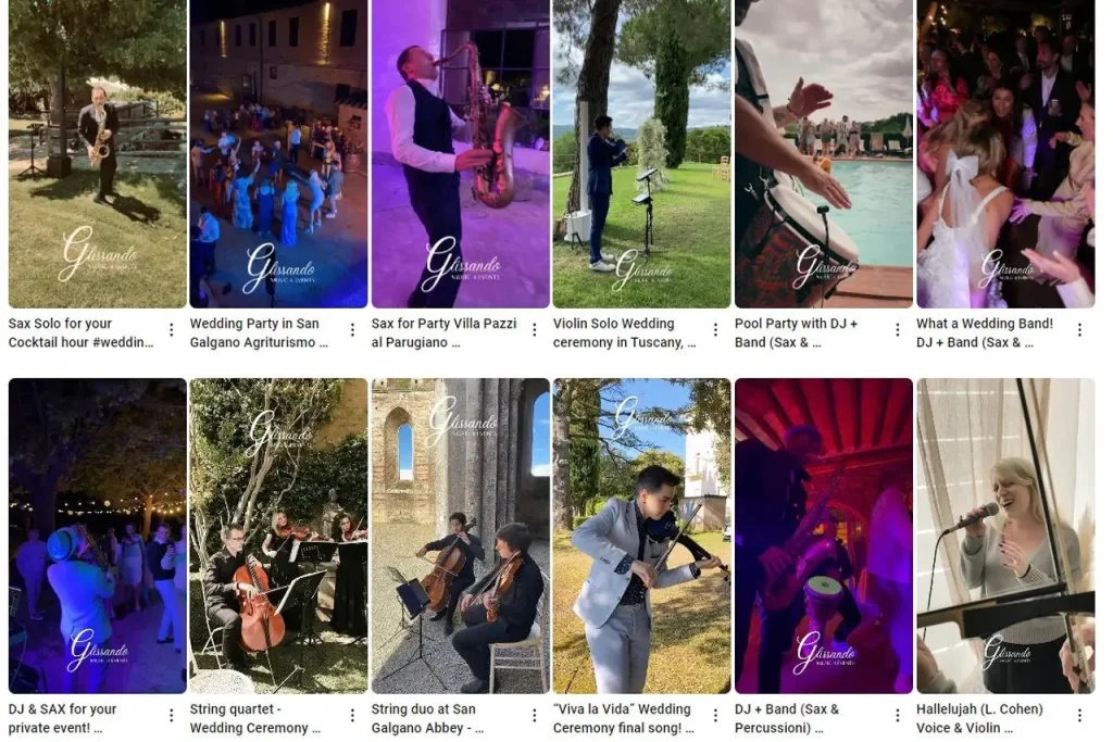 tuscany wedding bands: a collage of images of people playing instruments